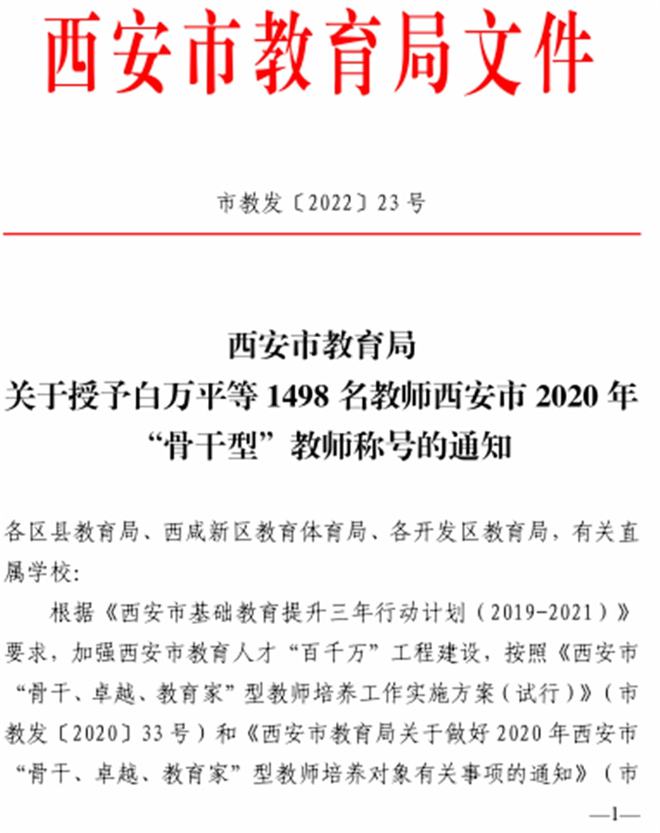 西安市东城一中教师获得西安市“骨干型”教师荣誉称号