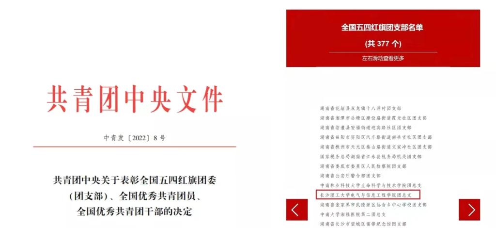 长沙理工大学电气学院团总支荣获“全国五四红旗团支部” 荣誉称号