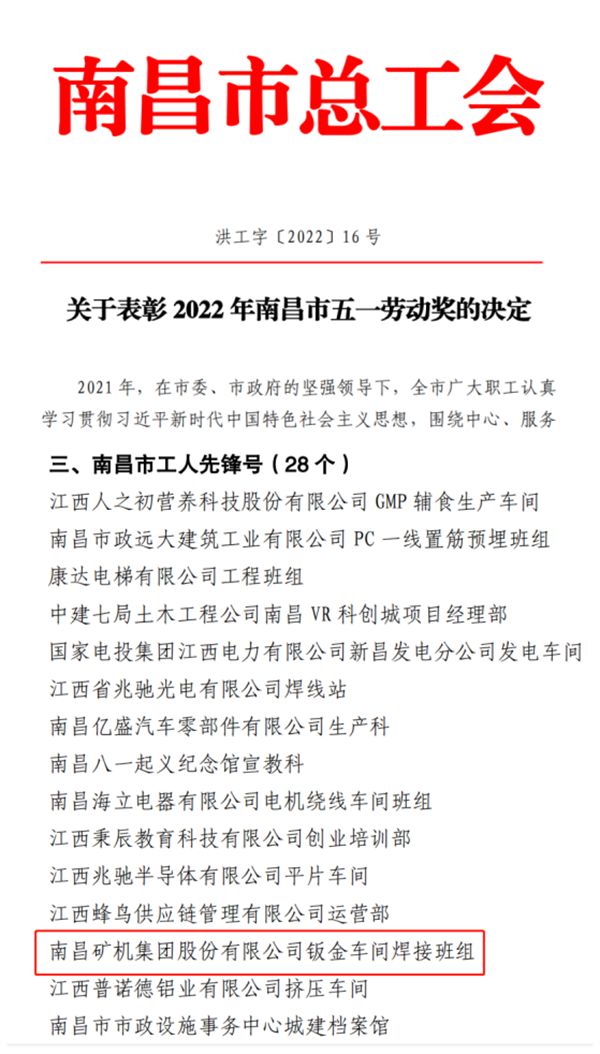 南昌矿机焊接班组荣获2022年“南昌市工人先锋号”称号