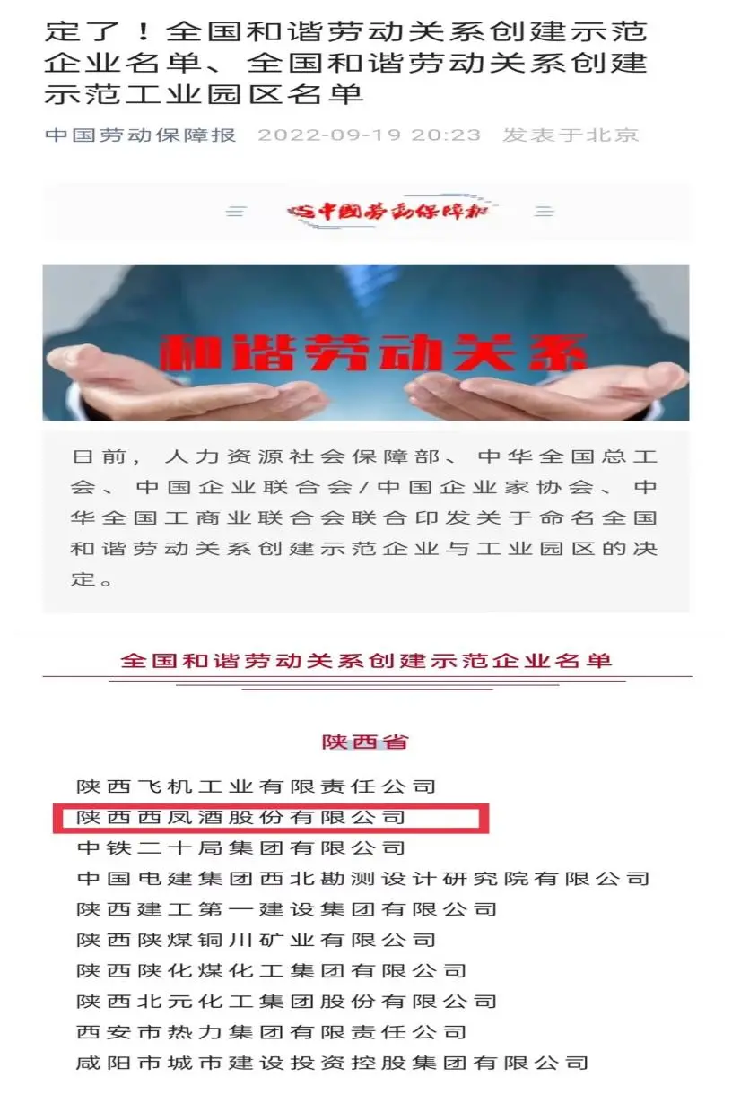 西凤股份公司荣获“全国和谐劳动关系创建示范企业”称号