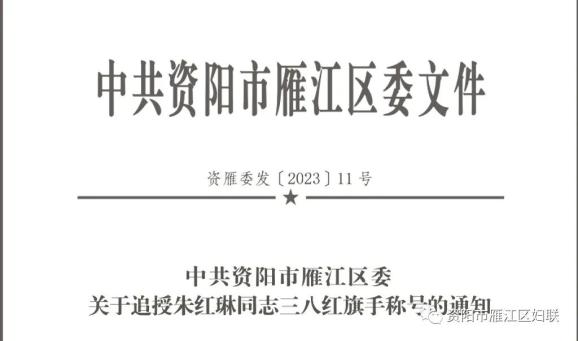 雁江区委追授朱红琳资阳市雁江区三八红旗手称号