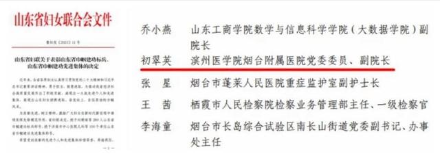 滨医烟台附院初翠英荣获“山东省巾帼建功标兵”荣誉称号