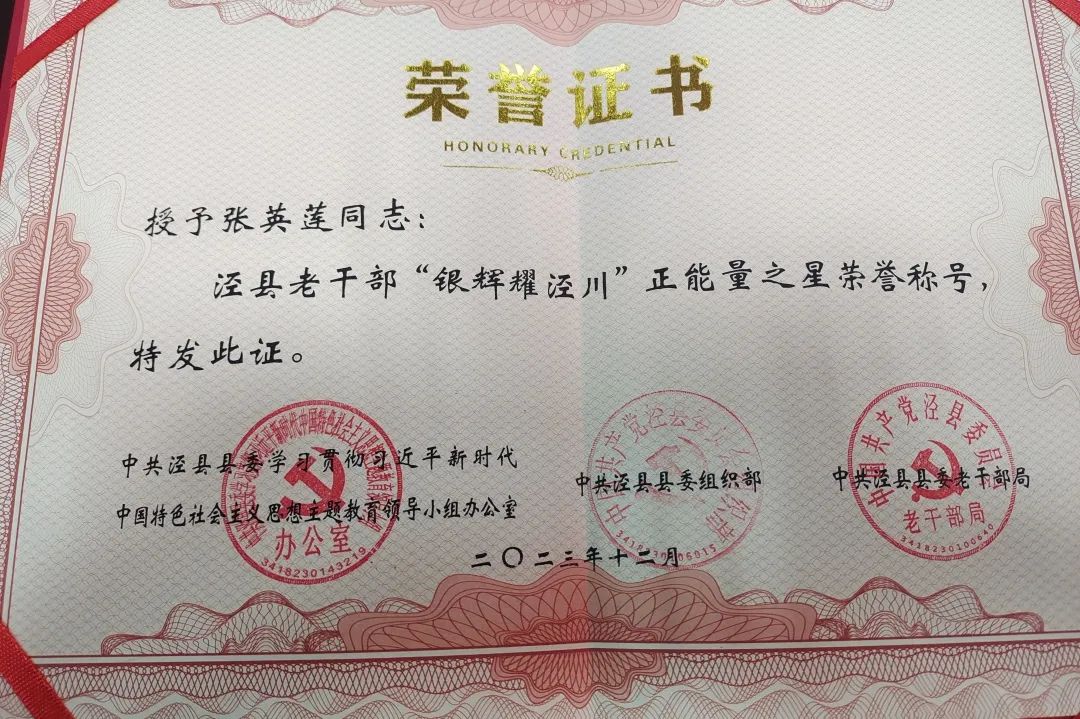 泾县法院退休老干部张英莲获“泾县老干部‘银辉耀泾川’正能量之星”称号