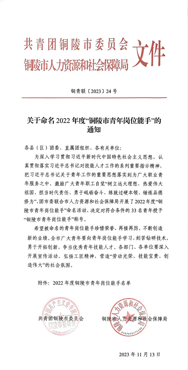 我院程宇荣获“铜陵市青年岗位能手”称号